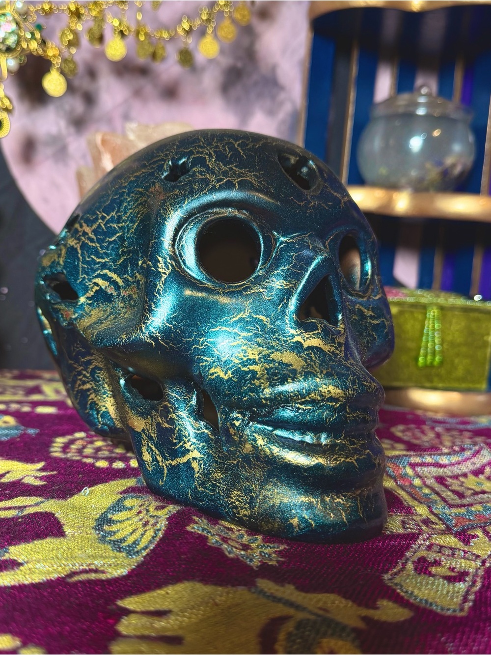 Skull Candle Cover/Holder Gold Crackle Halloween Decoration Goth Home Decor
